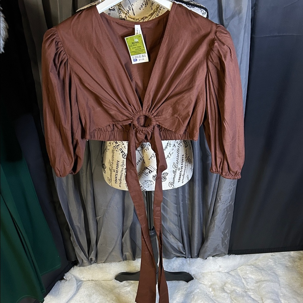Brown Tie-Ring Puff Sleeve Crop Top
